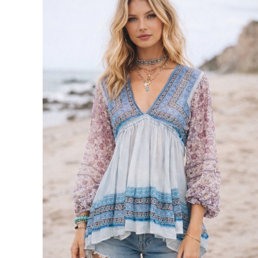 Free People Alyiah Blouse Boho Puff Sleeve Top Blouse sz S